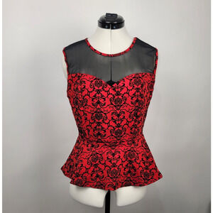 Bongo Peplum Top Juniors Large Red Black Floral Mesh Cut‎ Out Back Whimsigoth